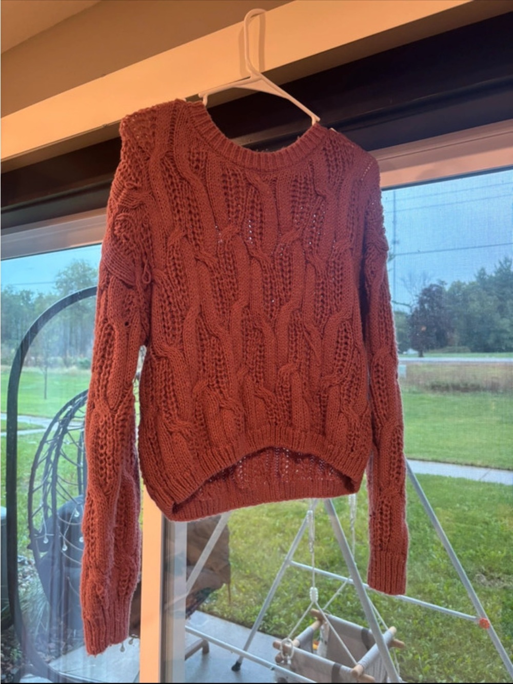 Pink Rose Cable Knit Crewneck Sweater - Rust Orange